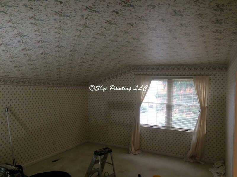 wallpapered bedroom and ceiling. Skye Painting